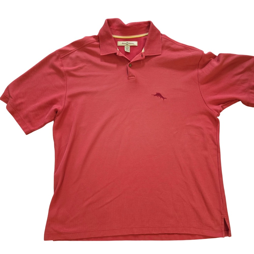 Tommy Bahama Mens XL Emfielder Polo Shirt Coral Red Pima Cotton Blend Marlin